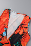 Orange Sexy Casual Celebrities Floral Frenulum V Neck One Step Skirt Dresses(With Belt)