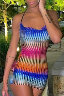 Multicolor Sexy Street Party Gradual Change Geometric Frenulum Halter One Step Skirt Dresses