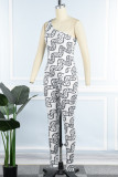 White Sexy Print Backless Oblique Collar Skinny Jumpsuits