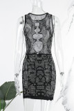 Black Sexy Patchwork Hot Drilling Hollowed Out O Neck Sleeveless Dress Dresses