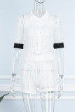 White Sexy Casual Street Solid Hollowed Out Patchwork Buttons Turndown Collar Regular Rompers