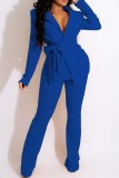 Blue Fashion Casual Solid Bandage Turndown Collar Long Sleeve Two Pieces