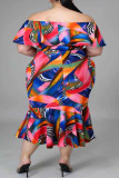 Colour Casual Work Elegant Print Patchwork Flounce Off the Shoulder Wrapped Skirt Plus Size Dresses