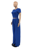 Blue Casual Work Street Solid Patchwork O Neck Short Sleeve Two Pieces