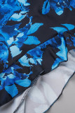 Blue Sexy Print Hollowed Out Backless Spaghetti Strap Irregular Dress Dresses