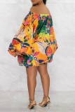 Apricot Casual Print Backless Off the Shoulder Long Sleeve Dresses