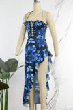 Blue Sexy Print Hollowed Out Backless Spaghetti Strap Irregular Dress Dresses