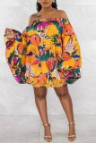 Apricot Casual Print Backless Off the Shoulder Long Sleeve Dresses