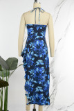 Blue Sexy Print Hollowed Out Backless Spaghetti Strap Irregular Dress Dresses