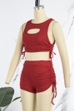 Red Sexy Casual Solid Hollowed Out Frenulum O Neck Sleeveless Two Pieces