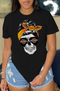 Black Street Basis Print Skull Patchwork O Neck T-Shirts