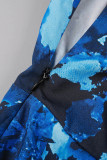 Blue Sexy Print Hollowed Out Backless Spaghetti Strap Irregular Dress Dresses