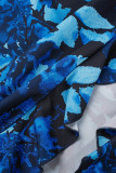Blue Sexy Print Hollowed Out Backless Spaghetti Strap Irregular Dress Dresses
