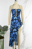 Blue Sexy Print Hollowed Out Backless Spaghetti Strap Irregular Dress Dresses