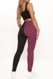 Rose Red Casual Plaid Print Patchwork Regular High Waist Pencil Patchwork Trousers