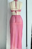 Rose Red Sexy Solid Bandage Backless Slit Swimwears Cover Up