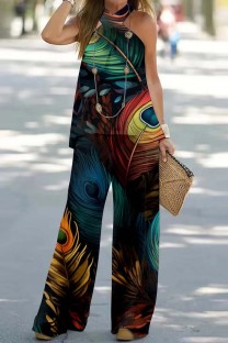 Multicolor Casual Print Backless Halter Sleeveless Two Pieces