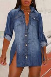 Blue Casual Solid Slit Turndown Collar Tops