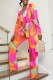 Rose Red Casual Print Cardigan Pants Turn-back Collar Long Sleeve Two Pieces