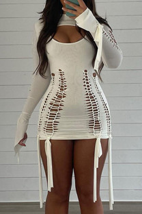 White Sexy Party Solid Hollowed Out Strap Design O Neck One Step Skirt Dresses