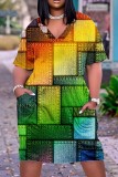 Green Yellow Casual Print Patchwork V Neck Short Sleeve Dress