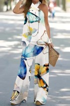 White Casual Print Backless Halter Sleeveless Two Pieces