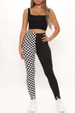 Yellow Casual Plaid Print Patchwork Regular High Waist Pencil Patchwork Trousers
