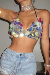 Colour Sexy Patchwork Sequins Chains Backless Halter Tops