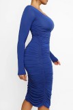 Blue Casual Solid Basic U Neck Long Sleeve Dresses