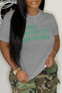 Grey Casual Print Basic O Neck T-Shirts