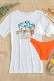 Orange Casual Print Basic Swimsuit Three Piece Set (With Paddings)