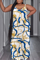 White Blue Sexy Print Backless Spaghetti Strap Long Dress Plus Size Dresses