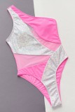 Pink Sexy Patchwork See-through Backless Swimwears (With Paddings)