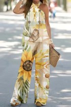 Light Yellow Casual Print Backless Halter Sleeveless Two Pieces