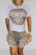 Grey Casual Print Letter O Neck Short Sleeve Two Pieces