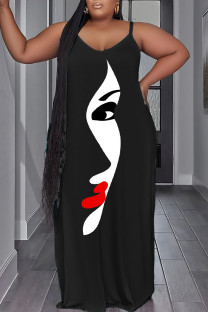 Black White Sexy Casual Print Backless Spaghetti Strap Long Dress Plus Size Dresses