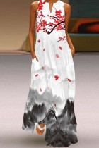 White Red Casual Print Basic V Neck Long Dress Dresses