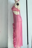 Rose Red Sexy Solid Bandage Backless Slit Swimwears Cover Up