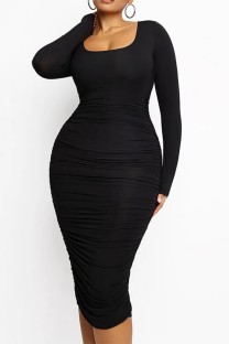 Black Casual Solid Basic U Neck Long Sleeve Dresses