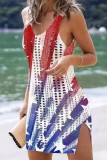 Blue Red Sexy Flag Stars Print Hollowed Out See-Through Slit V Neck Sleeveless  Cami Dress