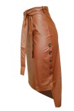 Camel Casual Solid Slit Skinny High Waist Type H Solid Color Skirts