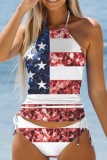 Navy Blue Flag Stars Print Independence Day Sleeveless Cami 2 Piece Swimsuit Sets With Paddings