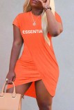 Orange Casual Print Letter O Neck One Step Skirt Dresses