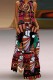 Red-brown Casual Print Basic V Neck Long Dress Dresses