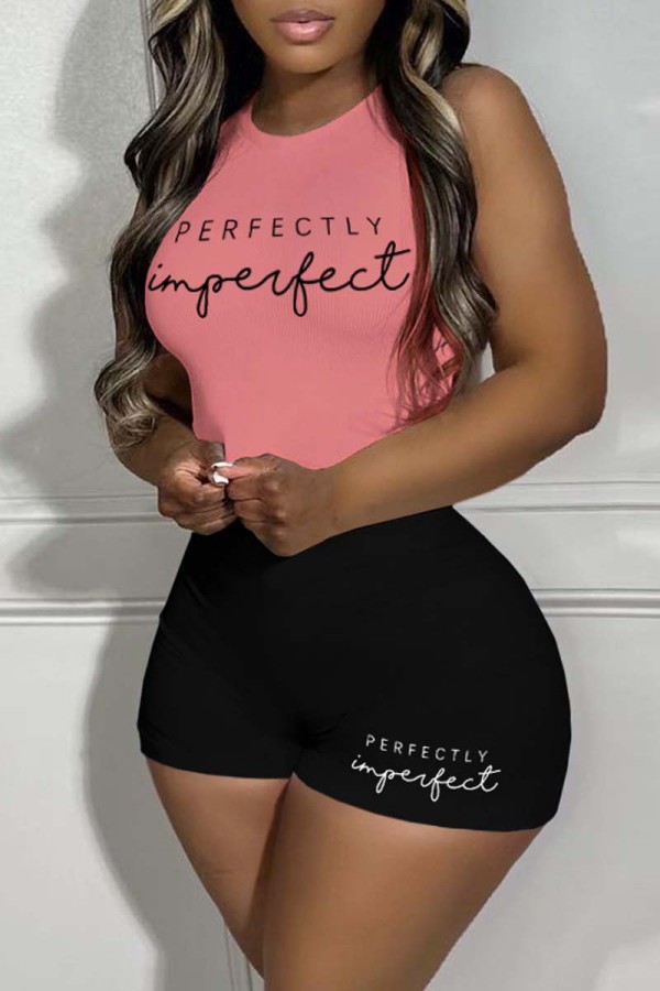 Pink Casual Print Basic O Neck Sleeveless Two Pieces