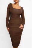 Dark Brown Casual Solid Basic U Neck Long Sleeve Dresses