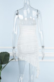 Blue Sexy Street Party Solid Patchwork Flounce Mesh Strapless Asymmetrical Dresses