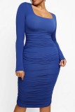 Blue Casual Solid Basic U Neck Long Sleeve Dresses