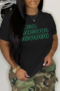 Black Casual Print Basic O Neck T-Shirts