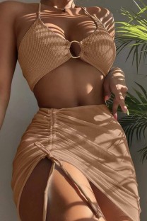 Light Coffee Sexy Solid Bandage Backless Swimsuit Three Piece Set (With Paddings)